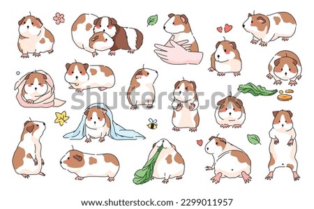 Guinea Pig Poses Isolated Vector Icon Set. Domestic Pet rodents collection. Cute Cartoon Hamster or Guinea Pig Illustrations Collection.