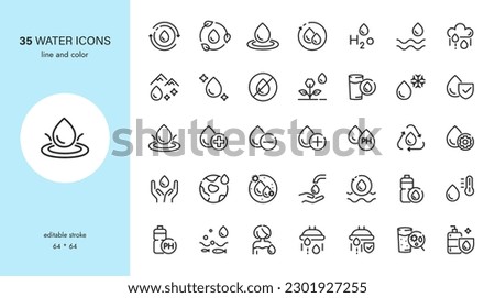 Water Icons Set. Editable Outline Vector Collection of Water Sighs, Symbols and Icons. Water Drop, Cycle, Weather, Hydration, Safety, Conservation, Management System, Pure, Natural, Drinking Water.