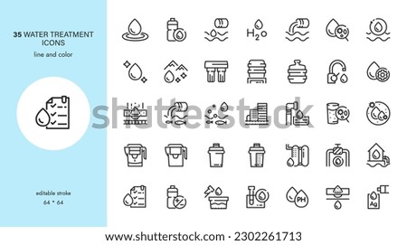 Water Quality Signs and Water Treatment Vector Icons Set. From Water Drop to Analysis, H2O Hygiene, PH Balance and Laboratory Bacterial Research. Editable Outline Collection.
