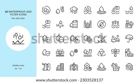 Water Icons Set. Waterproof and Filters Vector Sign and Symbols. Editable Stroke, Outline Thin Modern Icons of Water, Industrial Hydration, Filtration and Water Resistance. 