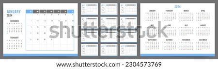 2024 Calendar Design Template. Week starts on Sunday blue office calendar. Desktop planner in simple clean style. Corporate or business calendar. English vector calendar layout.	