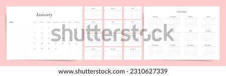 Minimal 2024 calendar design. Week starts on Sunday. Editable clean and elegant calendar page template. Place for notes. Minimalist trendy design for desktop design calendar planner. Set of 12 months.
