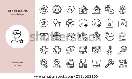 Professional Vet Icons Set. Pet Clinic, Animal Emergency, Hospital, Xray, Grooming, Dental, Hygiene, Recovery, Surgery, Ultrasound, Declawing. Editable Outline Collection.	