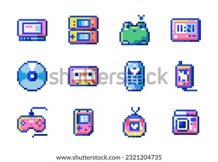 Retro Nostalgia Y2K Collection of 8 Bit Pixel Art Objects Including Mobile Phone, Game Console, Cartridge, Gamepad, Frog, Electronic Pet, Music Disk, Instant Camera, MP3 Player, Handheld Console.