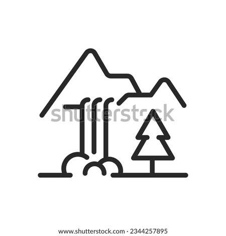 Waterfall Icon. Vector Outline Editable Sign of Travel Nature Landscape with Cascading Water and Outdoor Wilderness. Linear Minimal Illustration.