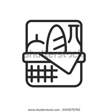 Picnic Basket Icon. Vector Outline Editable Sign of Basket Filled with Various Food Items. Linear Minimal Illustration for Outdoor Dining, Camping and Relaxation.