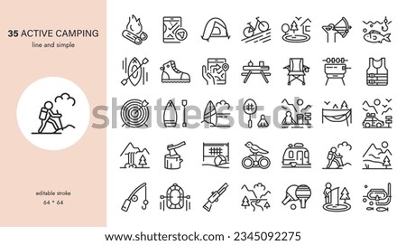Outdoor Games and Camping Activity Icon Set. From Camp tent and Fishing to BBQ, Ping pong and Volleyball. Outdoors Collection of Activities and Games. Perfect for Web or Print.