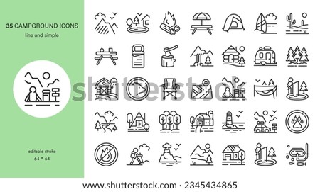 Campground Icon Set. From Camping Sites, Camp Tents and Cabins to Off Grid Views and Forest Animals Badges. Editable Vector Icons Sheet. Perfect for 