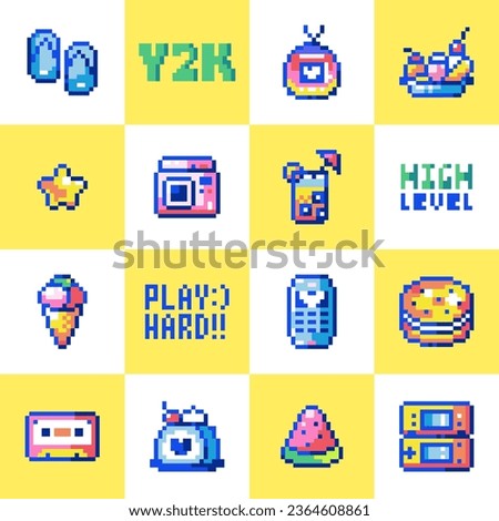 Y2K Seamless Pixel Art Pattern. 8bit Flip Flops, Banana Ice Cream, and Old-School Gadgets. Vector Design for Gamer Kids, Clubs, Vintage Lovers.