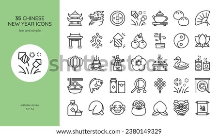 Chinese New Year Icon Set. Dragon, Temple, Firework, Mandarin, Incense Burner, Fortune Charm, Blessing Scroll, Chinese Drum Toy and Gong. Editable Vector Festival Signs Collection.	