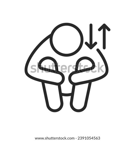 Ups and Downs Icon. Vector Outline Editable Isolated Sign of an Exhausted Person Hugging Knees with Up and Down Arrow Pictogram, Symbolizing the Fluctuating Nature of Life's Challenges and Resilience.