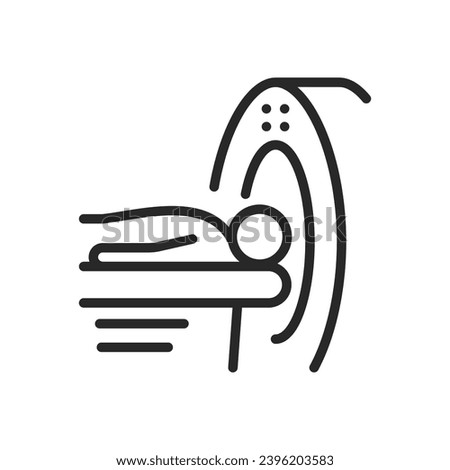 MRI and CT Scan Process Icon. Thin Line Illustration Depicting Patient Undergoing Brain Imaging in Medical Diagnostic Scanner Equipment. Isolated Outline Vector Sign.