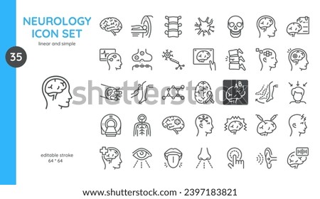 Neurology Icons Set. Thin Linear Illustrations of Brain, Neuron, Spinal cord, Synapse, MRI and CT Scan, Perceptions, Mental Health Diagnostics and Examination. Isolated Outline Vector Signs. 