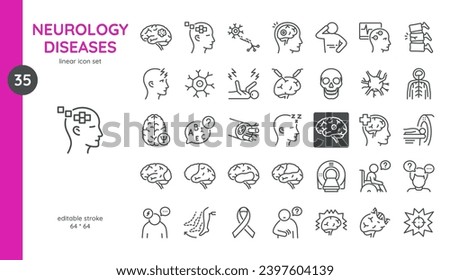 Neurology Diseases Icon Set. Brain Tumor, Multiple Sclerosis, Alzheimer, Epilepsy, Stroke, Pain Migraine, Dementia, Cerebral Palsy, Brain and Spinal Cord Injury. Editable Vector Mental Health Problems