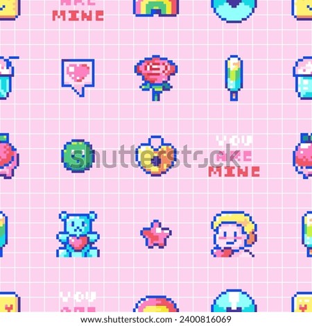 Valentine Day Pixel Art Seamless Pattern. Y2K 2000s Arcade Love and Romantic Decorative Background. Rose flower, Baby Angel Cupid Girl, Heart Lock, Chocolate Bar. Geek Valentine Pattern