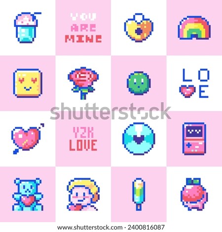 Pixel Art Style Valentine's Day Seamless Pattern with 8Bit Cute Sweets and Devices. 2000s Mood Digital Background. White and Pink Color, Baby Girl, Rose, Heart Lock, Game Console, CD Disk, Y2k Art.