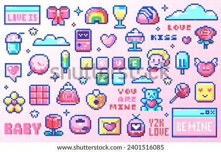 Pixel Art Love and Romantic Icons. 8 bit Style Stickers of Pixelated Valentine's Day Y2K Stuff - 2000s Game Consoles, Cupid with Wings, Hearts Emoji, Toys, Sweets, Desktop Elements, Test Messages.