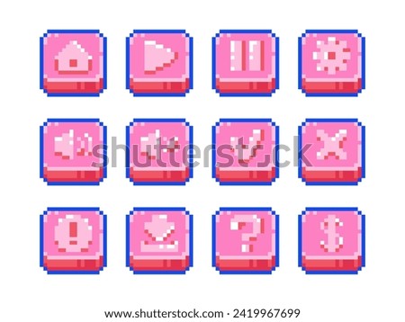 Cute Pixel UI Interface Buttons for Classic 8-bit Games or Decorative Retro Design. Set of Home, Play or Start, Pause, Settings, Volume, Mute, Complete, Cancel Cross, Alert, Save, Help and Money Icons