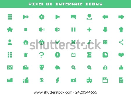 Pixel UI Interface Vector Icons. Menu, settings, start, message, save, left, right, profile, favorites, trash, bin, cancel, ok, home buttons and more.