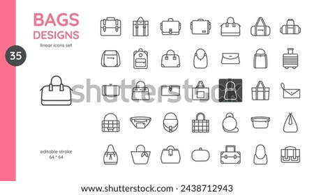 Bags Designs Icon Set. Women's Bags, Handbags, Barrel, Baguette and Bowling Bags, Sacks, with handles, backpacks, clutches, wallets. Editable Vector Fashion, Travel and Sport Accessory Collection.	