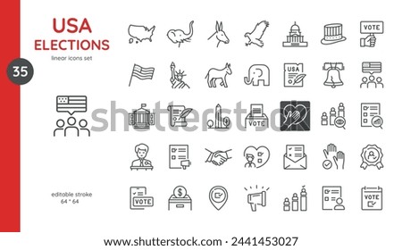 US Elections Icons Set. Editable Stroke Illustrations of United States US President or Congress Elections, Voting Ballot, Voting Ballot Box, Politic Party, Monitoring. Isolated Outline Vector Signs.	