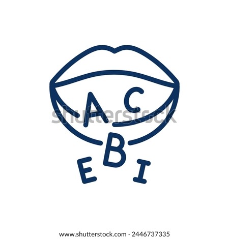 Phonetics and Speech Training Icon. Thin Line Illustration of a Mouth with Alphabet Letters, Representing the Articulation of Sounds in Language Learning and Speech Therapy. Isolated Vector Sign.	