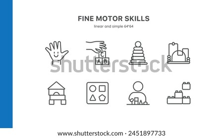 Fine Motor Skills Development Icons. Simple Line Art Set for Children Coordination and Learning Activities.