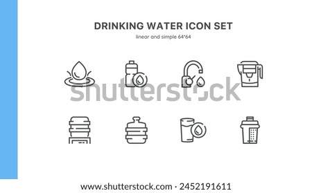 Drinking Water and Hydration Icon Set: Bottles, Filters, and Coolers. Features Filter Pitchers, Water Treatment, and Purity Checks. Editable Stroke Linear Vector Office and Home Icons.