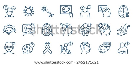 Neurodegenerative Disorders Icon Set: Brain Cells, MRI, CT Scans, and EEG. Includes Neurons, Synapses, and Icons for Parkinson’s, Multiple Sclerosis, and Epilepsy. Editable Linear Vector Collection