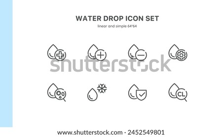 Water Quality and Safety Icon Set: Drops, Shields, Gears, and More. Editable Vector Icons for Hydration, Protection, and Management.