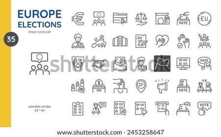 European Elections 2024 Icon Set: Voting and Democracy Symbols. Includes Ballot Box, EU Parliament, Voting Hands, Check Marks, and Debate Emblems.