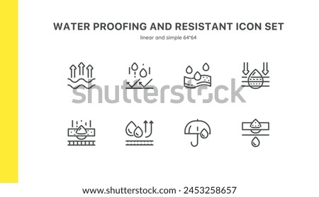 Water Quality and Management Icon Set: Enhancing Safety and Efficiency in Water Use. Features Droplets, Shields, Gears, Magnifying Glasses, and Chlorination. Water Control, Reduction and Savings Icon