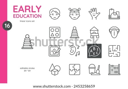 Early Childhood Education Icon Set: Development and Learning Activities for Kids. Building Blocks, Puzzles, Drawing, Music, Logic Games, Spatial Challenges. Editable Vector Icons for Smart Child Games