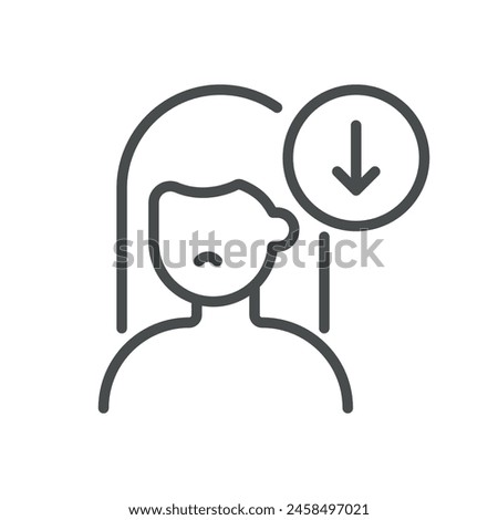 Low Energy Icon. Line Vector Illustration of a Tired Woman Silhouette with Downward Arrow, Symbolizing Fatigue and Lack of Energy. Isolated Outline Sign.