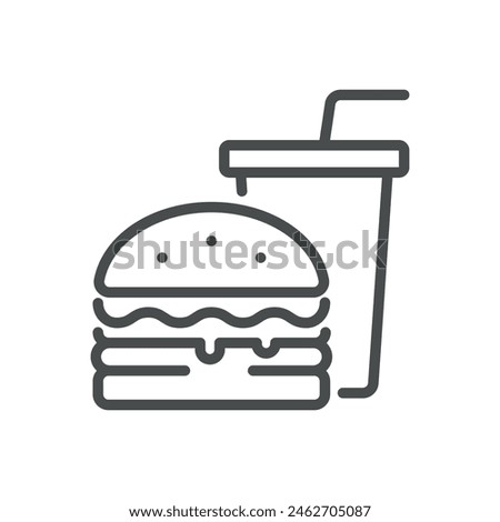 Fast Food Unhealthy Diet Icon. Vector Linear Illustration of Burger and Soda, Representing Poor Dietary Choices and Health Risks. Isolated Outline Sign.