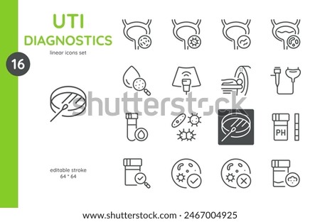 UTI Diagnostics Icon Set. Linear Icons Illustrating Methods and Tools for Diagnosing Urinary Tract Infections. Includes Urinalysis, Imaging, Bacterial Culture, and Medical Devices. Editable Vector Sig