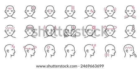 Headache Icons Set. Illustrations of Various Headache Types and Symptoms, Including Tension, Migraine, Cluster, Sinus, Stress, and More. Linear Vector Pack.