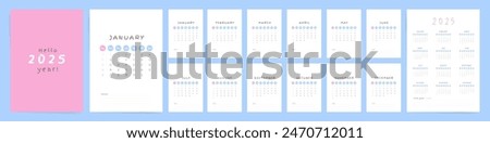 2025 Calendar Template Design. Office Calendar 2025 in White Pink Blue Colors. Vertical A4 Calendar in simple clean style for wall and desk. English Vector Calendar 2025 layout.