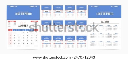 2025 Calendar Template: Modern Design in Red, Blue, and White. Monthly Desk and Wall Planner Calendar with Vertical A4 Layout. Office and Corporate Branding and Image Place. Editable Calendar 2025.