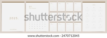 Calendar 2025. Calendar template 2025 for wall and desk use. Set of ready to print monthly vertical A4 designs. Elegant minimal modern 2025 calendar.