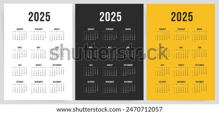 One Page Calendar 2025. Calendar templates 2025 for wall and desk use. Set of ready to print annual layouts. Business minimal modern 2025 calendar.	
