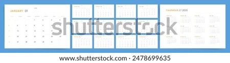 2025 Calendar template design. Week starts on Sunday office calendar. Desktop planner in minimalism clean style. Corporate classic simple calendar. English vector calendar layout.