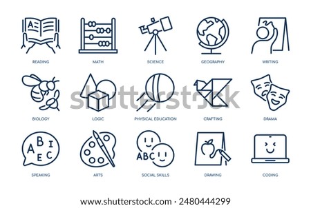 Primary School Subjects Vector Icons Set. Reading, Math, Science, Geography, Writing, Biology, Logic, Physical Education, Arts, and More. Editable Linear Collection.