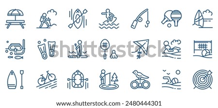 Summer Activities Vector Icons Set. Picnic, Hiking, Kayaking, Surfing, Snorkeling, Fishing, Paddle boarding, Kite Flying, Beach Volleyball, and More. Editable Linear Collection.