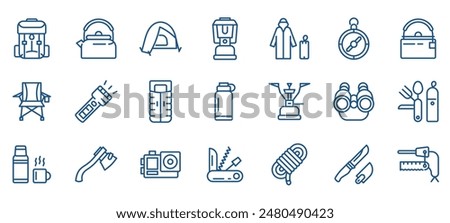 Camping Essentials Vector Icons Set. Illustrations of Gear and Equipment for Camping, Including Backpack, Tent, Lantern, Sleeping Bag. Editable Linear Collection.