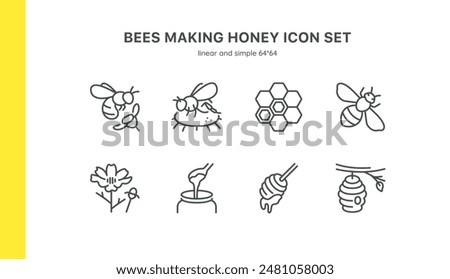 Bees Making Honey Icon Set. Illustrations of Bees, Honeycomb, Flowers, Honey Jar, Honey Dipper, and Beehive. Perfect for Beekeeping and Honey Production Themes. Editable Linear Collection.