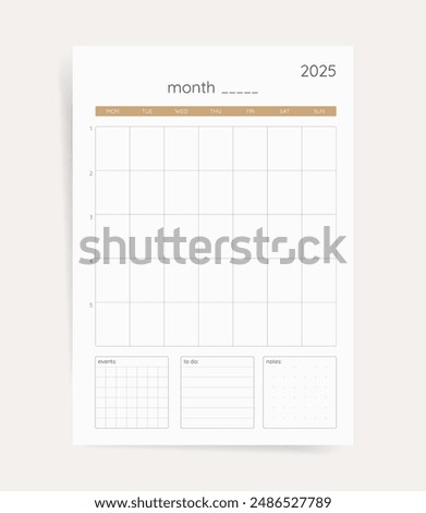 Monthly planner template with place for notes, to do and events. Printable vector layout  for every month calendar planner for study activity, office agenda and work use. 