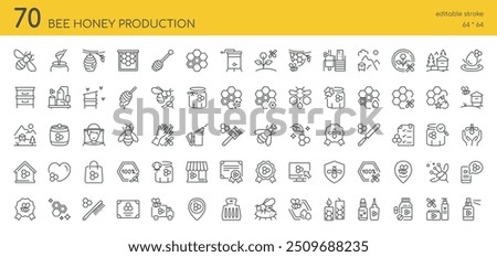 Bee Honey Production Icons Set. 70 Editable Vector Icons, Various Aspects of Beekeeping and Honey Production, Apiary Business, Beehives, Honeycombs, Bees, Honey Jars, Beekeeper Equipment, Flowers.