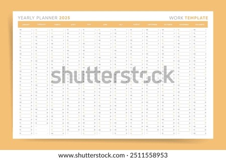 2025 Yearly Planner. Minimalist Work Template with Full Year Overview in Yellow and White.