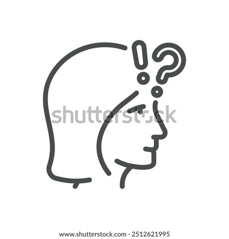 Memory Problems Icon. Simple Line Illustration of a Female Head with Exclamation and Question Marks, Representing Cognitive Issues and Forgetfulness.